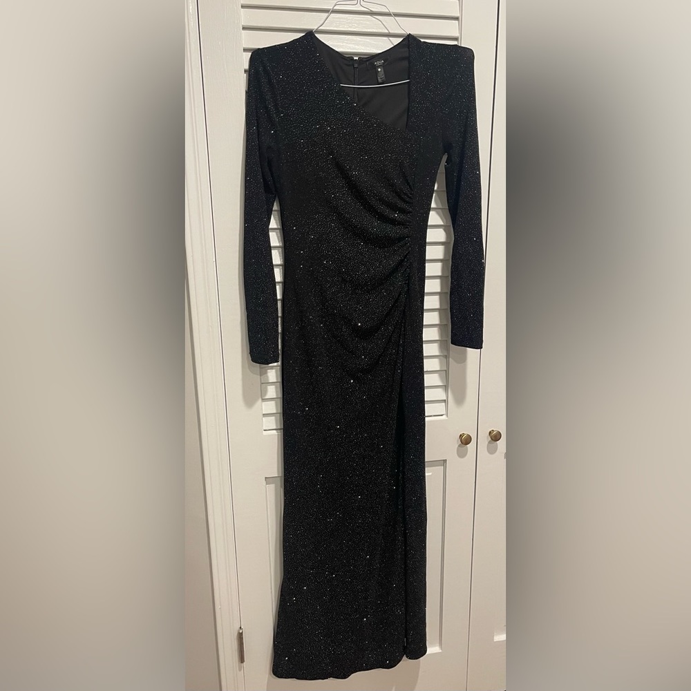 AQUA Black, Sparkly, Full Length, Long Sleeve Evening Gown from Bloomimgdale’s